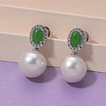Designer Inspired - D'joy Edison Pearl, Green Jade & White Zircon Dangling Earring with Push Back in Rhodium Overlay Sterling Silver 17.31 Ct.