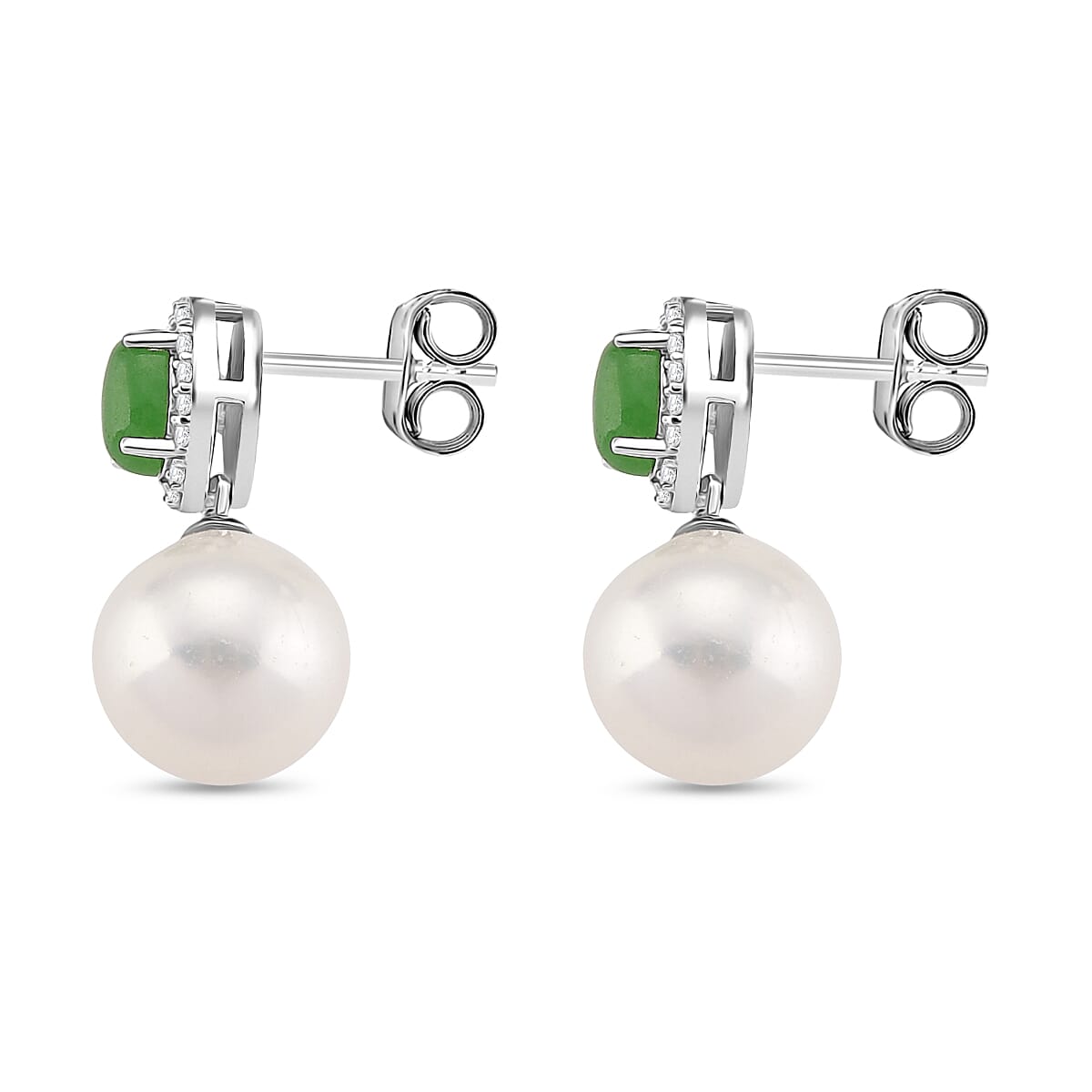 Designer Inspired - D'joy Edison Pearl, Green Jade & White Zircon Dangling Earring with Push Back in Rhodium Overlay Sterling Silver 17.31 Ct.