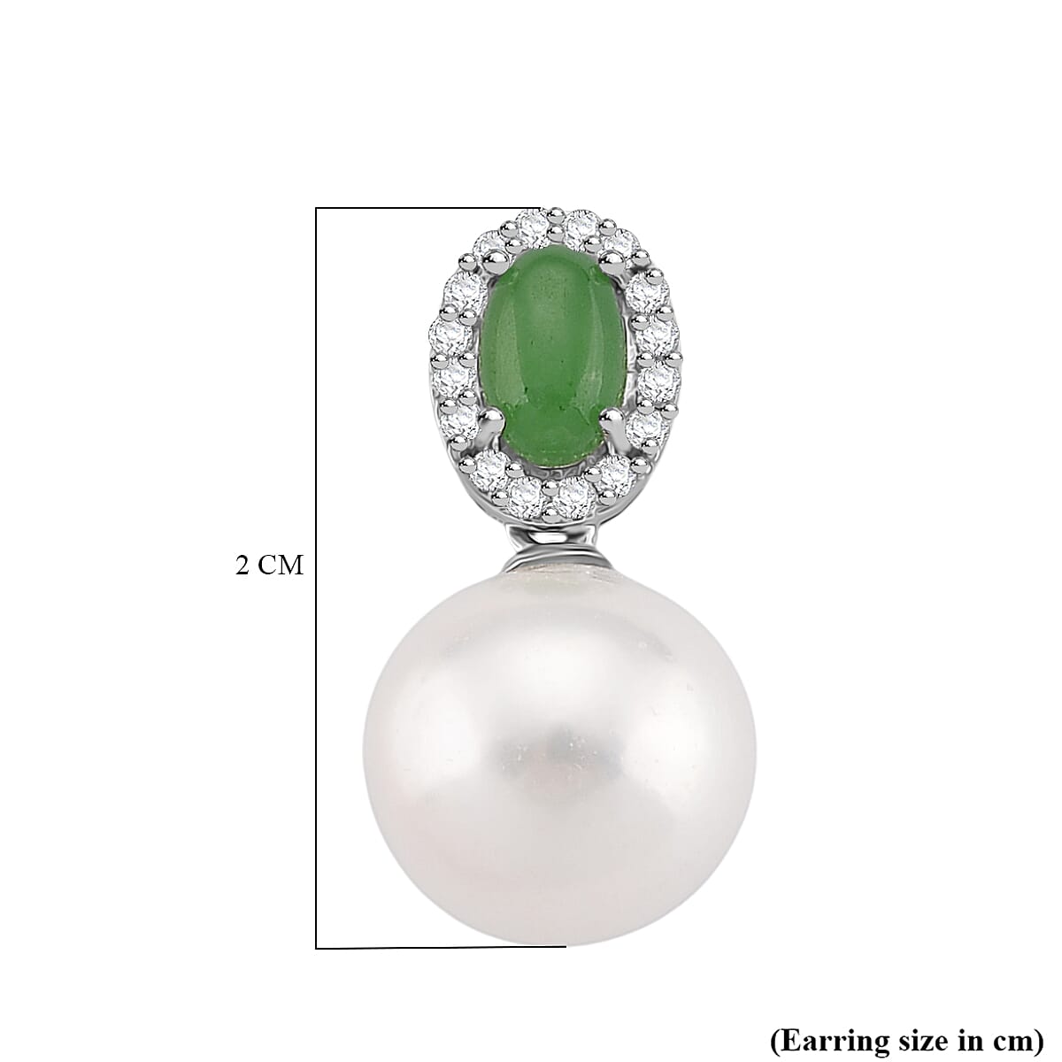 Designer Inspired - D'joy Edison Pearl, Green Jade & White Zircon Dangling Earring with Push Back in Rhodium Overlay Sterling Silver 17.31 Ct.