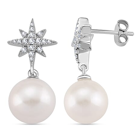 Designer Inspired - D'joy Edison Pearl & White Zircon Earring with Push Back in Rhodium Overlay Sterling Silver 16.23 Ct.