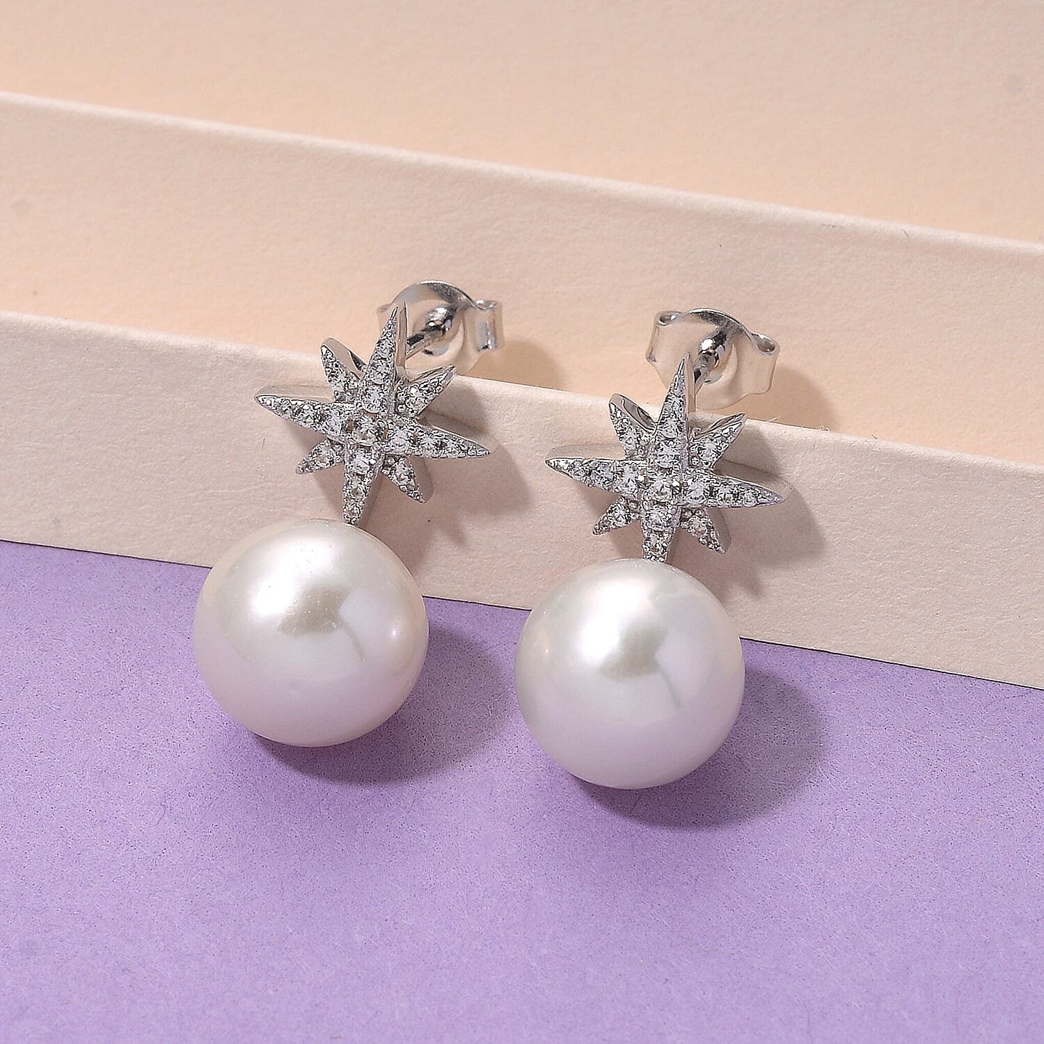 Designer Inspired - D'joy Edison Pearl & White Zircon Earring with Push Back in Rhodium Overlay Sterling Silver 16.23 Ct.