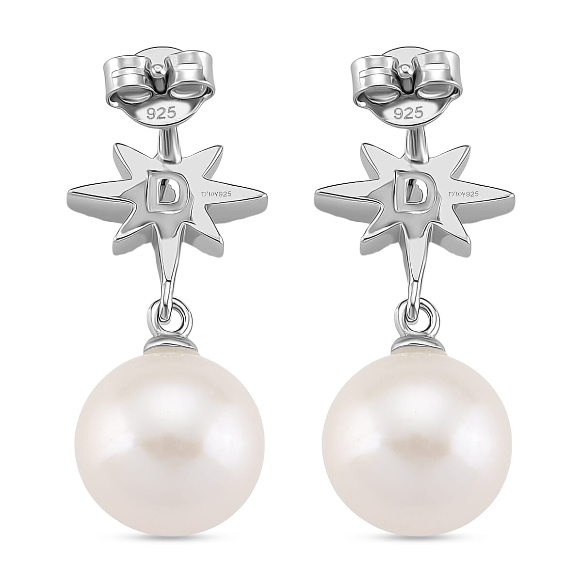 Designer Inspired - D'joy Edison Pearl & White Zircon Earring with Push Back in Rhodium Overlay Sterling Silver 16.23 Ct.