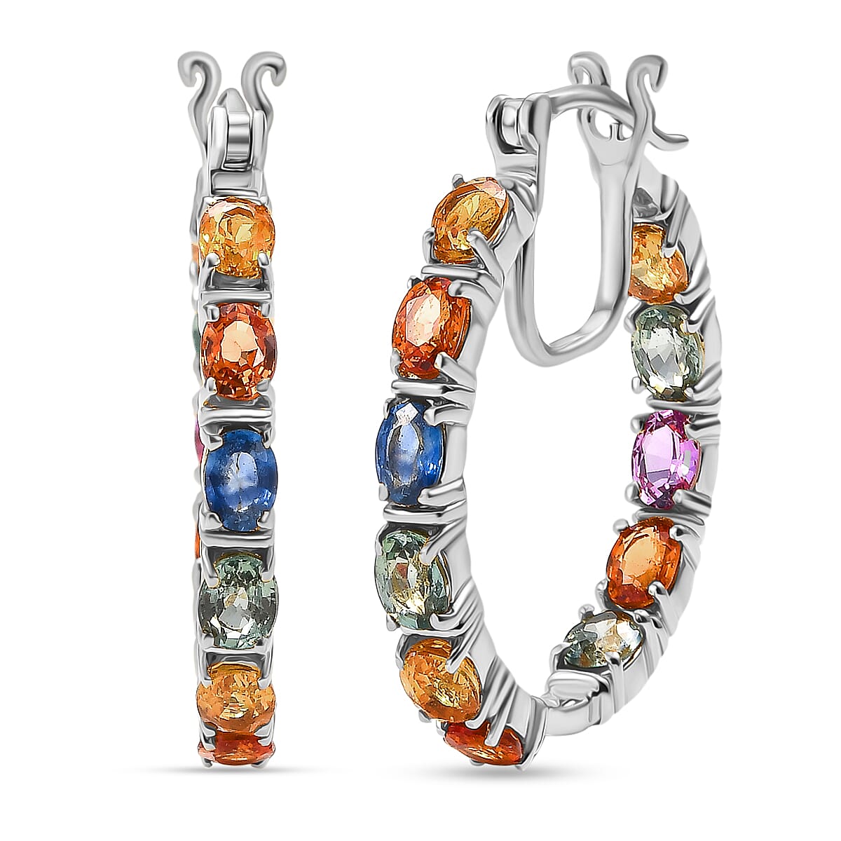 D'joy Multi Sapphire, Blue Sapphire & Pink Sapphire Earring with Clasp in Rhodium Overlay Sterling Silver 5.39 Ct, Silver Wt. 5.56 Gms.