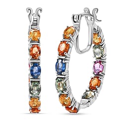 D'joy Multi Sapphire, Blue Sapphire & Pink Sapphire Earring with Clasp in Rhodium Overlay Sterling Silver 5.39 Ct, Silver Wt. 5.56 Gms.