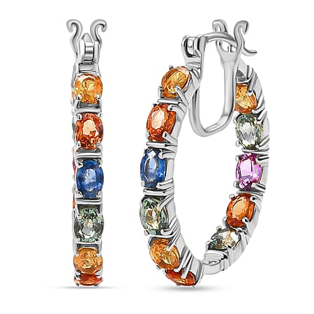 D'joy Multi Sapphire, Blue Sapphire & Pink Sapphire Earring with Clasp in Rhodium Overlay Sterling Silver 5.39 Ct, Silver Wt. 5.56 Gms.