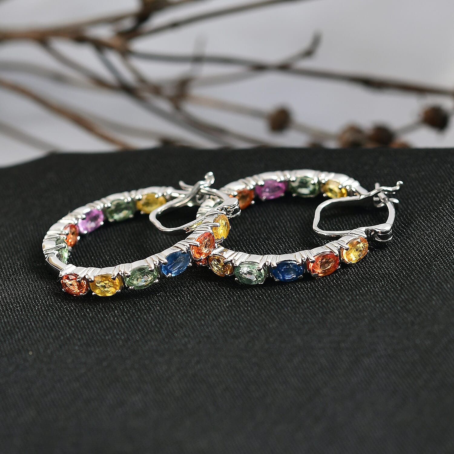 D'joy Multi Sapphire, Blue Sapphire & Pink Sapphire Earring with Clasp in Rhodium Overlay Sterling Silver 5.39 Ct, Silver Wt. 5.56 Gms.