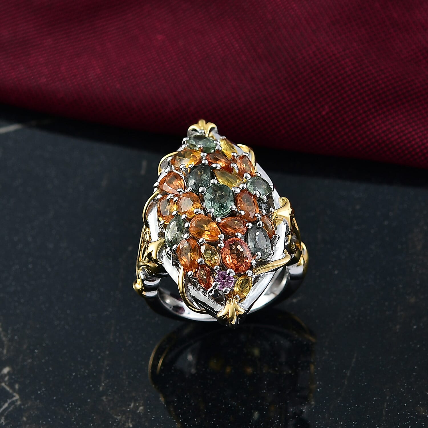 Rainbow Sapphire Ring in 18K Vermeil Yellow Gold Plated & Rhodium Overlay Sterling Silver 6.39 Ct, Silver Wt. 7.00 Gms.