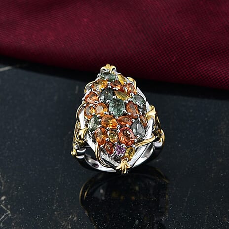 Rainbow Sapphire Ring in 18K Vermeil Yellow Gold Plated & Rhodium Overlay Sterling Silver 6.39 Ct, Silver Wt. 7.00 Gms.