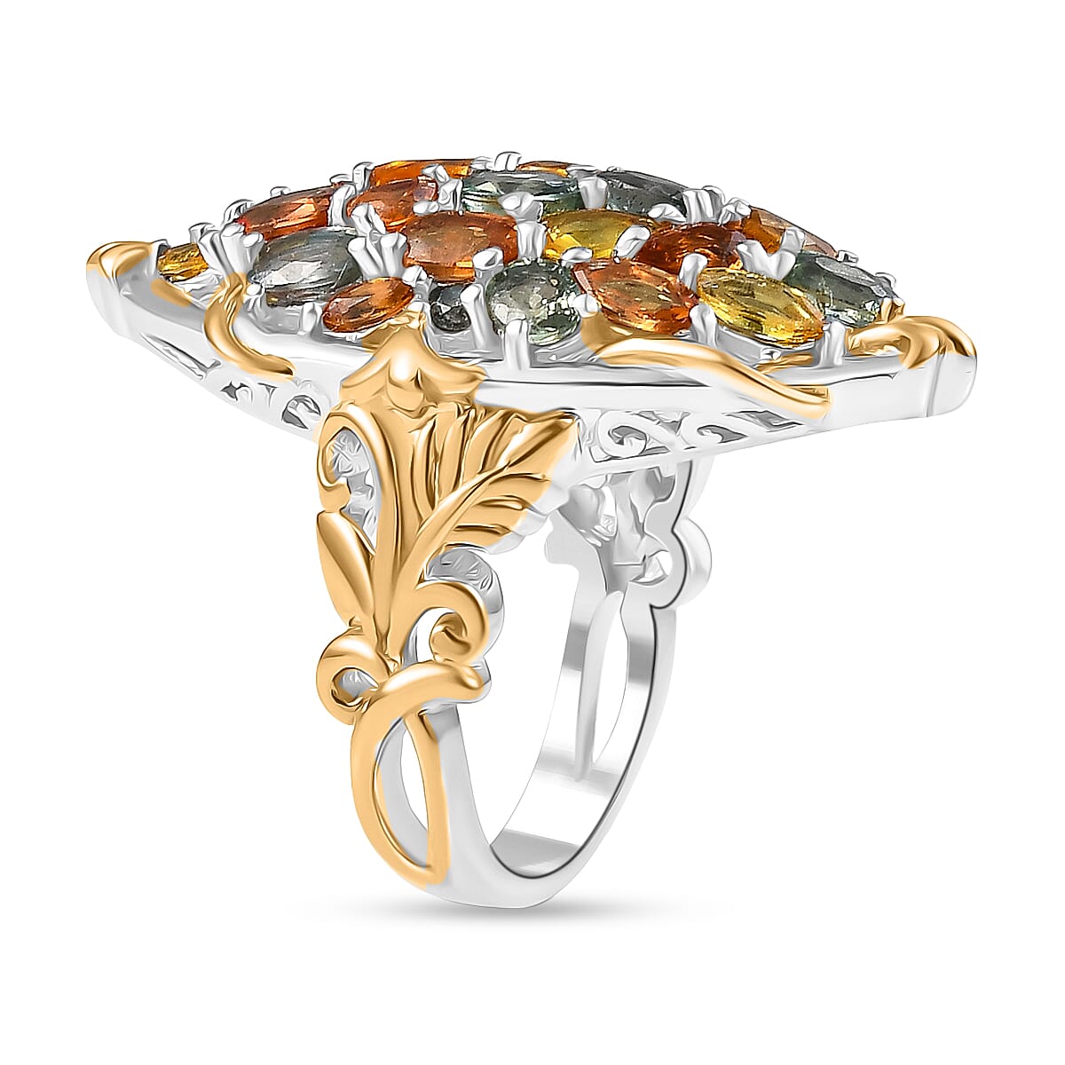 Rainbow Sapphire Ring in 18K Vermeil Yellow Gold Plated & Rhodium Overlay Sterling Silver 6.39 Ct, Silver Wt. 7.00 Gms.