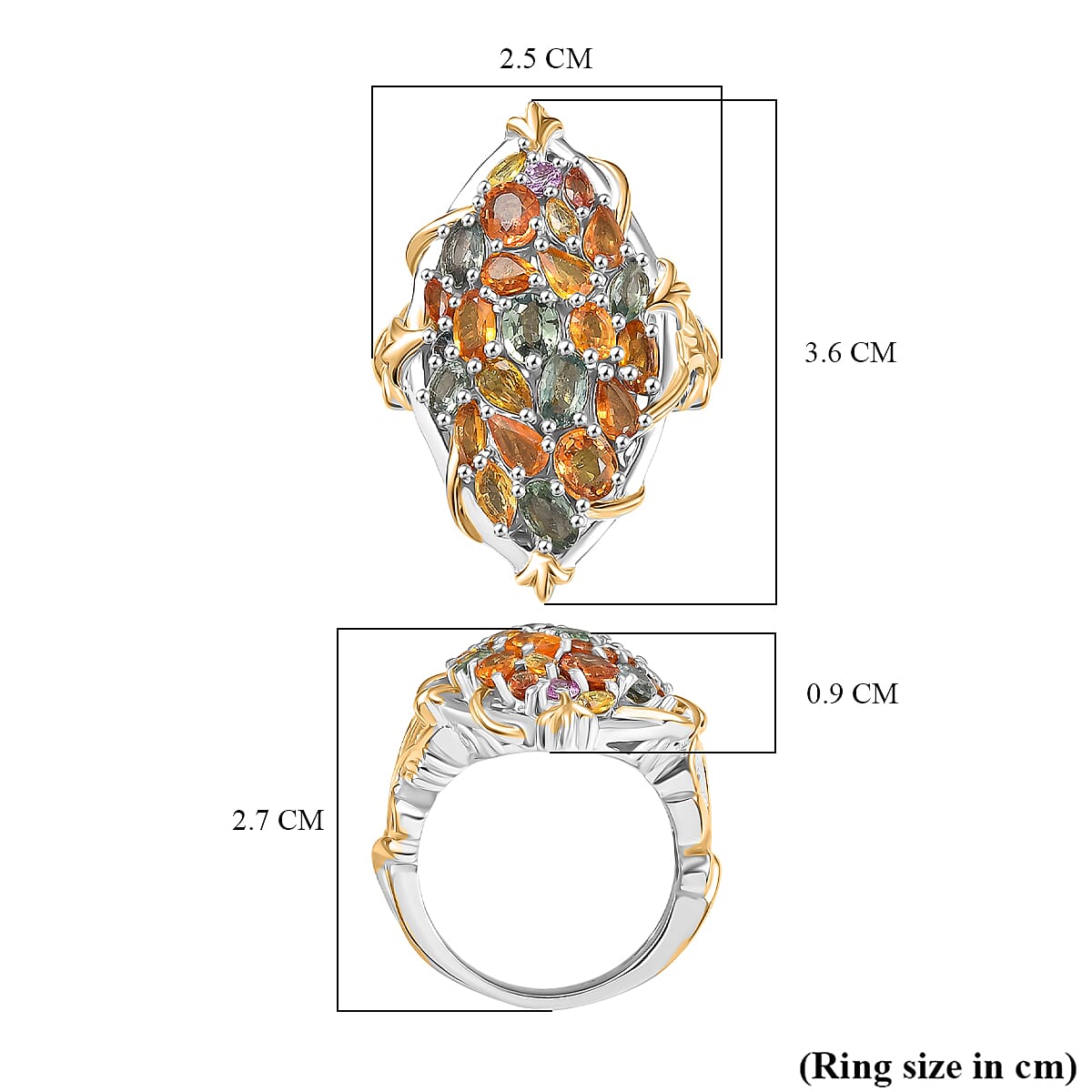 Rainbow Sapphire Ring in 18K Vermeil Yellow Gold Plated & Rhodium Overlay Sterling Silver 6.39 Ct, Silver Wt. 7.00 Gms.