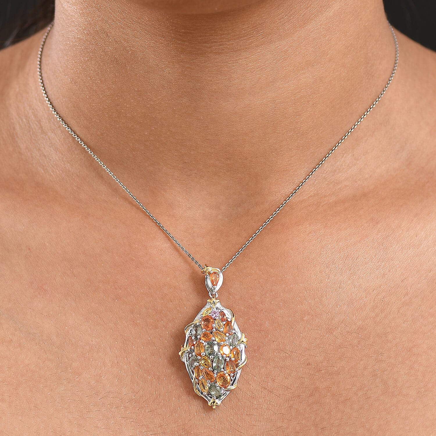 Rainbow Sapphire Pendant in 18K Vermeil Yellow Gold Plated & Rhodium Overlay Sterling Silver 6.12 Ct, Silver Wt. 6.33 Gms.