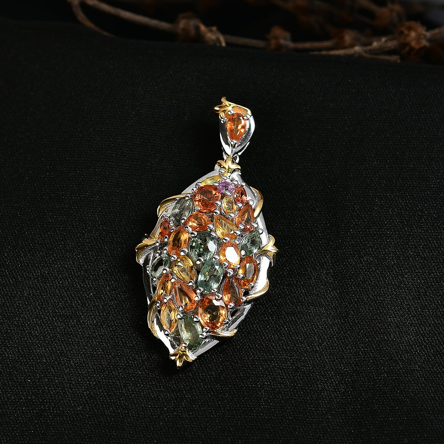 Rainbow Sapphire Pendant in 18K Vermeil Yellow Gold Plated & Rhodium Overlay Sterling Silver 6.12 Ct, Silver Wt. 6.33 Gms.