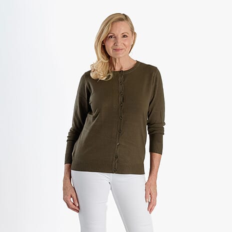 Pure And Natural Crew Neck Cardigan (Size 14) - Olive