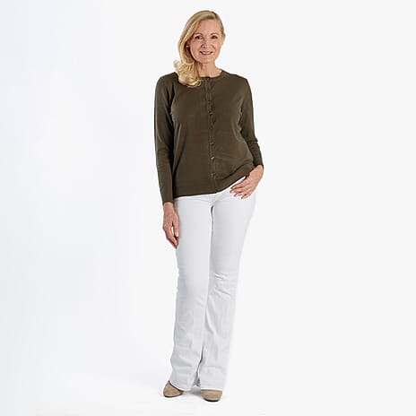 Pure And Natural Crew Neck Cardigan (Size 14) - Olive