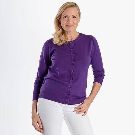 Pure And Natural Crew Neck Cardigan (Size 14) - Purple