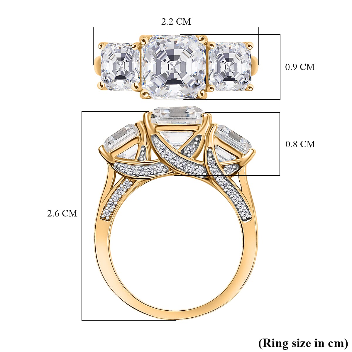 D'Joy Moissanite Trilogy Ring in 18K Vermeil Yellow Gold Plated Sterling Silver 5.30 Ct.