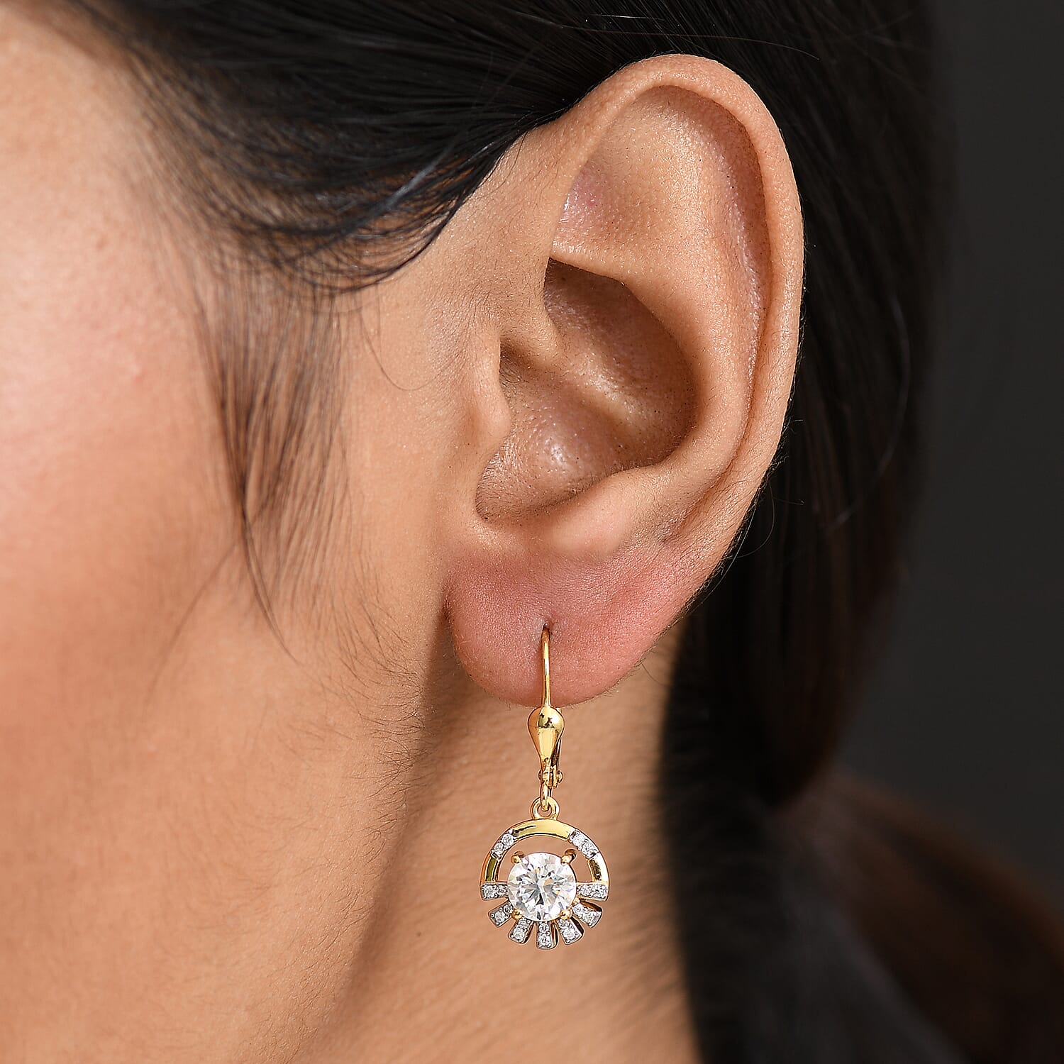 D'Joy Moissanite Solitaire Lever Back Earring in 18K YG PlatingSterling Silver  1.71 Ct.