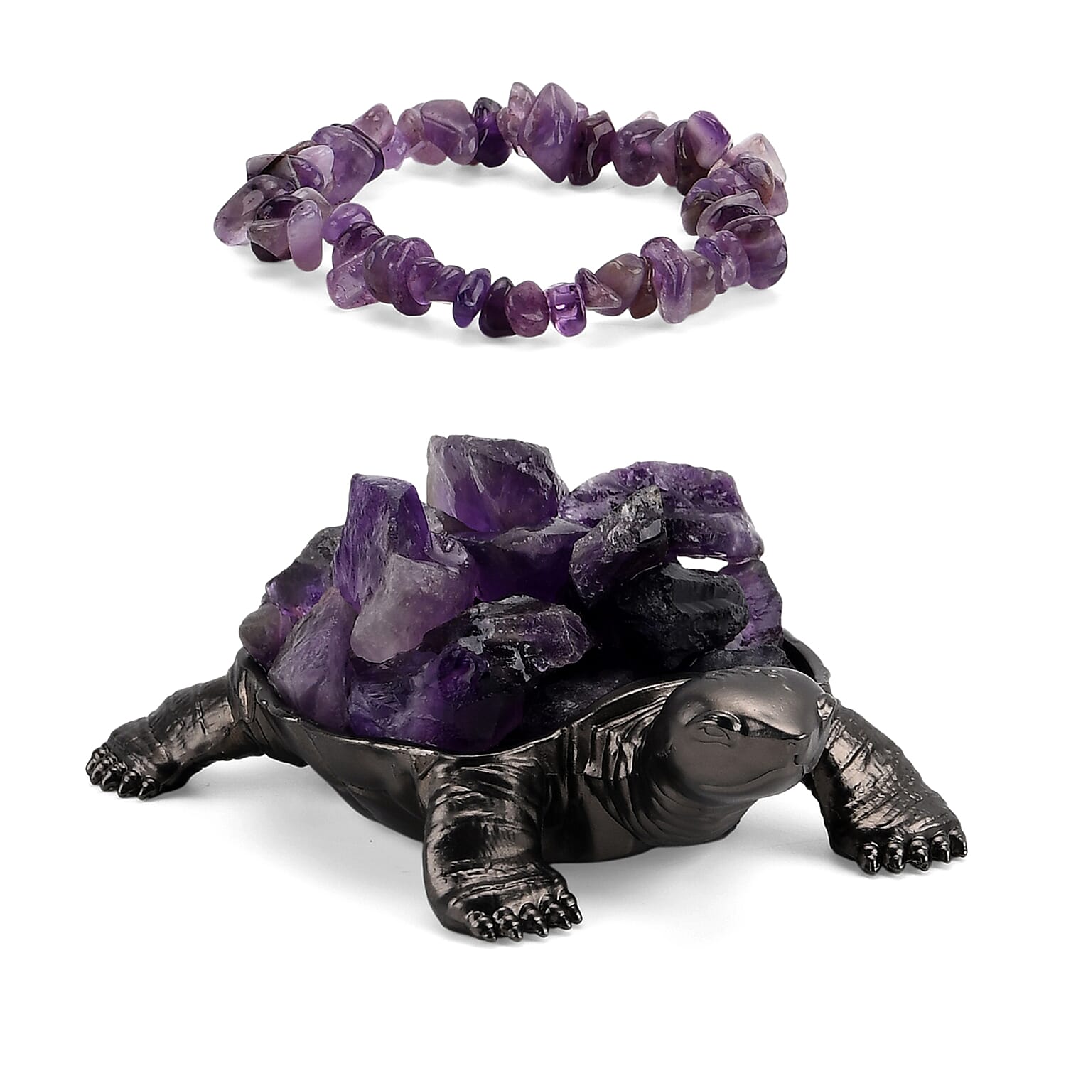 2-Piece  Amethyst Crystal Turtle with Matching Bracelet - Purple