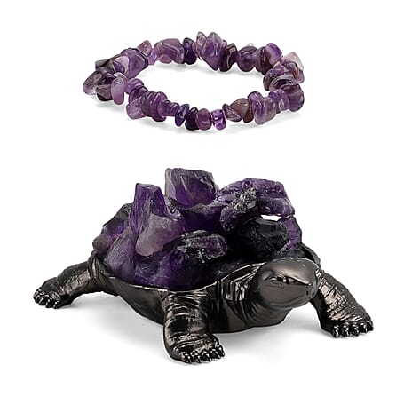 2-Piece  Amethyst Crystal Turtle with Matching Bracelet - Purple