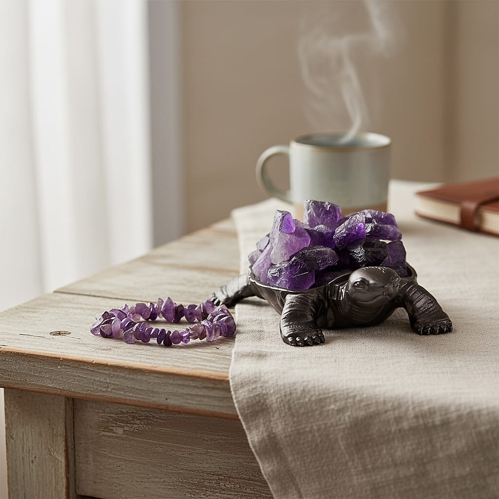 2-Piece  Amethyst Crystal Turtle with Matching Bracelet - Purple