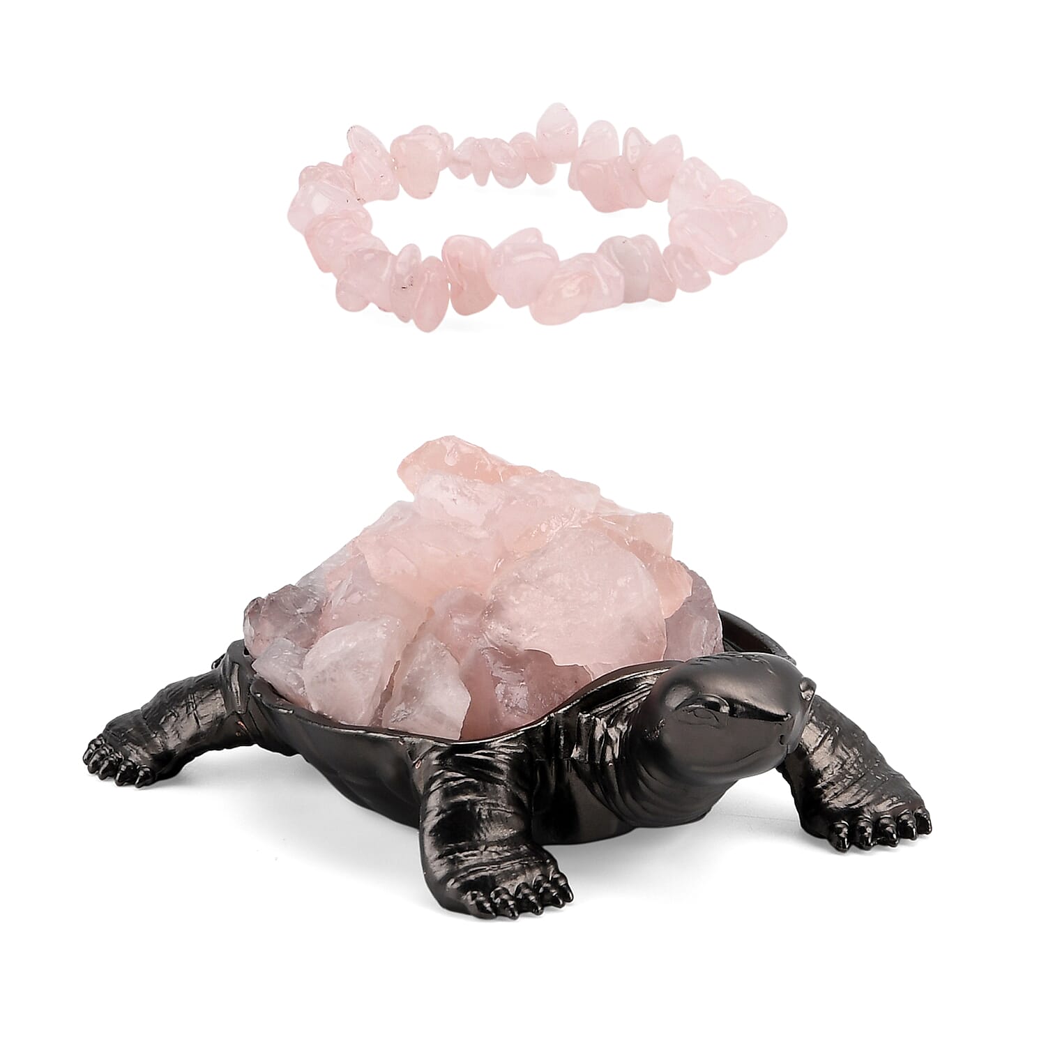 2-Piece Rose Quartz Crystal Turtle with Matching Bracelet - Pink