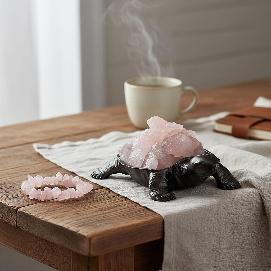 2-Piece Rose Quartz Crystal Turtle with Matching Bracelet - Pink