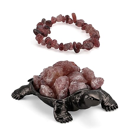 2-Piece  Strawberry Quartz Crystal Turtle with Matching Bracelet - Rose Red