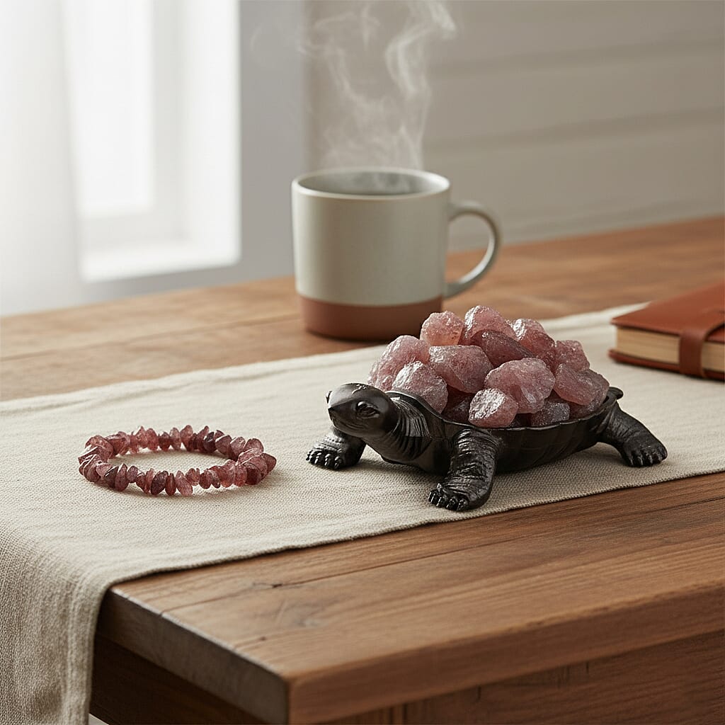 2-Piece  Strawberry Quartz Crystal Turtle with Matching Bracelet - Rose Red