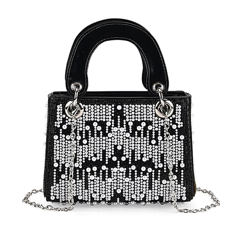 Designer Inspired- Toggle Clip Crystal Clutch Bag with Handle Drop - Black