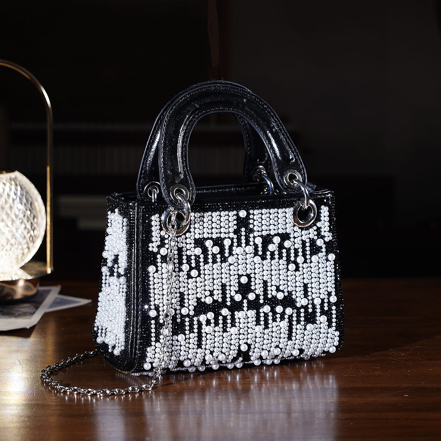 Designer Inspired- Toggle Clip Crystal Clutch Bag with Handle Drop - Black