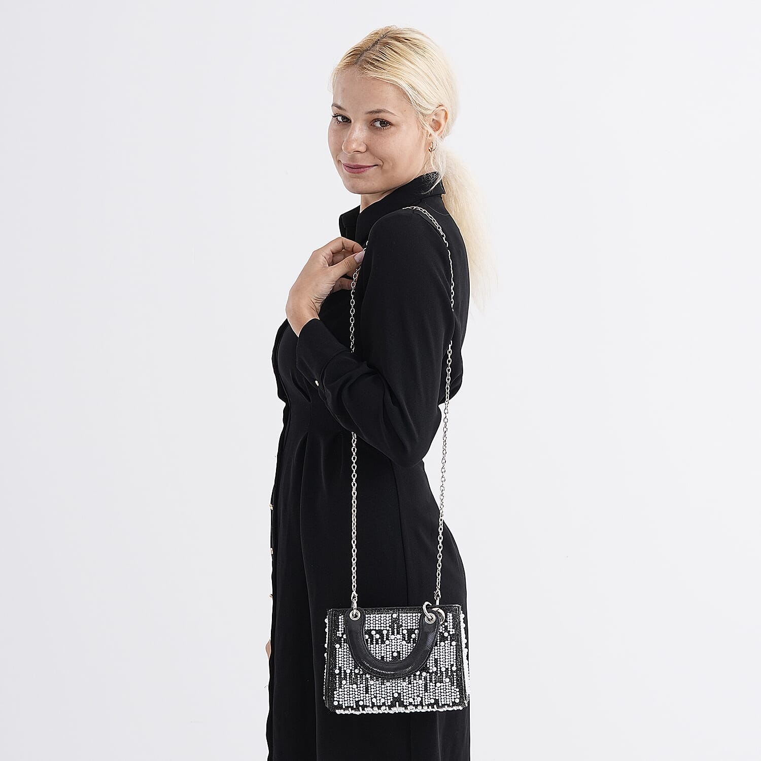 Designer Inspired- Toggle Clip Crystal Clutch Bag with Handle Drop - Black