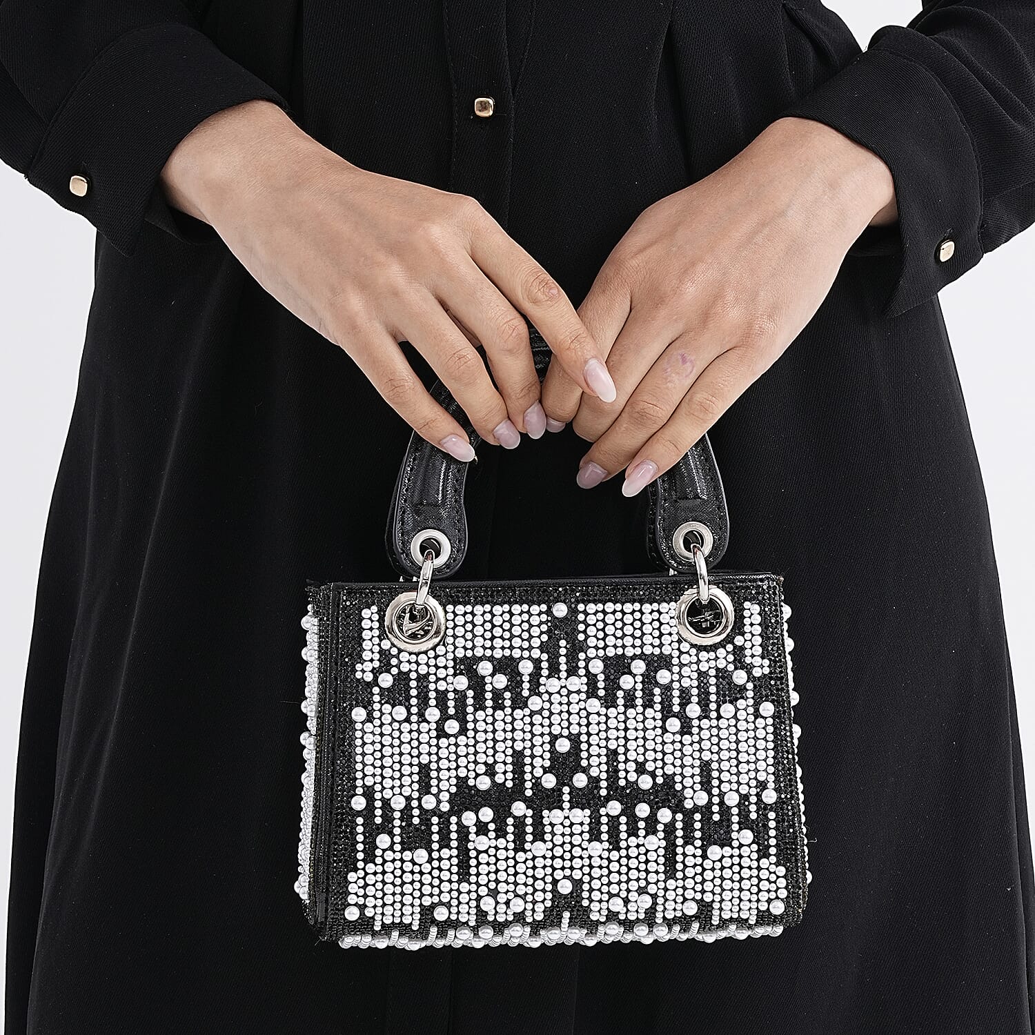 Designer Inspired- Toggle Clip Crystal Clutch Bag with Handle Drop - Black