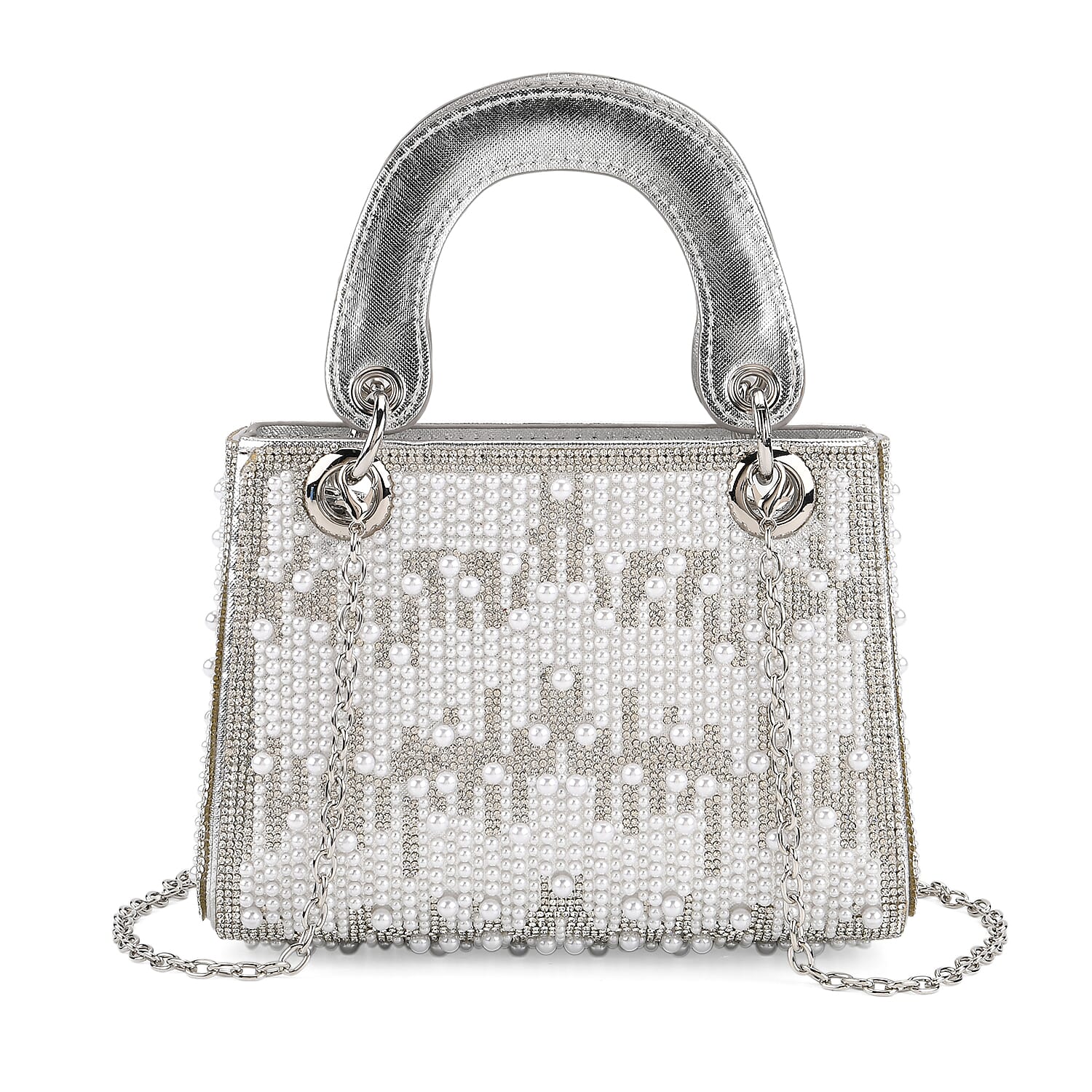 Designer Inspired- Toggle Clip Crystal Clutch Bag with Handle Drop - Silver
