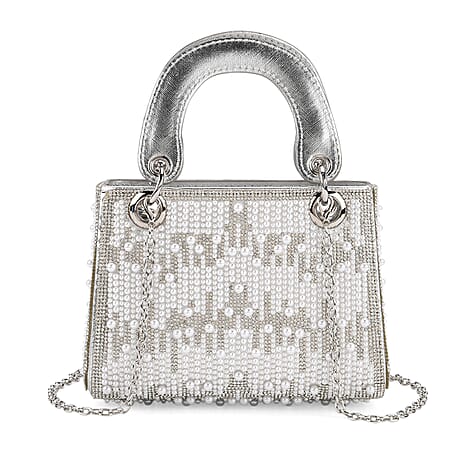 Designer Inspired- Toggle Clip Crystal Clutch Bag with Handle Drop - Silver