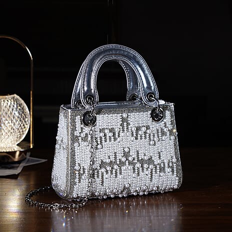 Designer Inspired- Toggle Clip Crystal Clutch Bag with Handle Drop - Silver