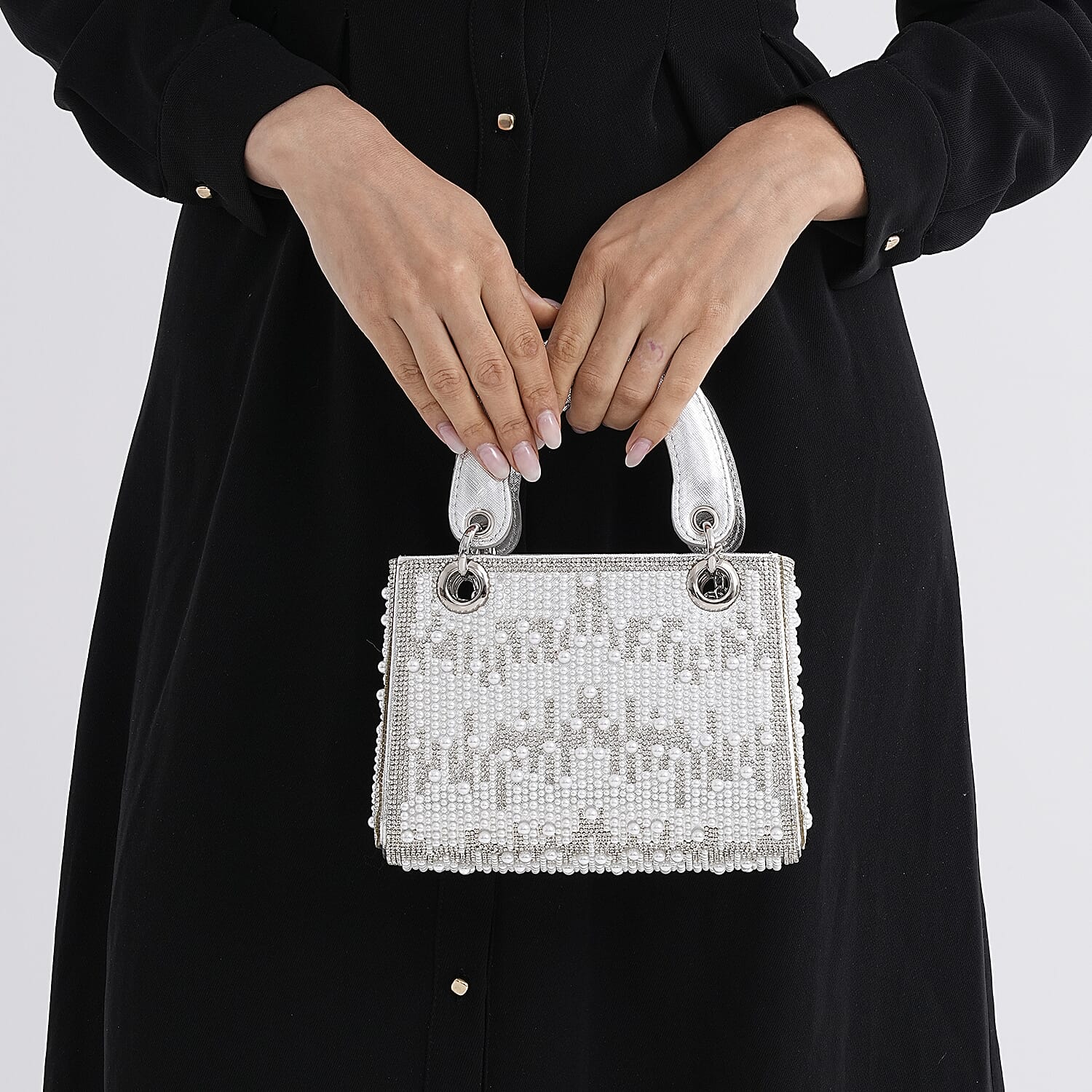 Designer Inspired- Toggle Clip Crystal Clutch Bag with Handle Drop - Silver