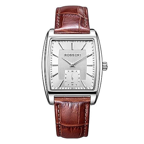 Rossini Quartz Movt. 3ATM WR Silver Dial Silver Case Mens Watch with Brown Leather Strap