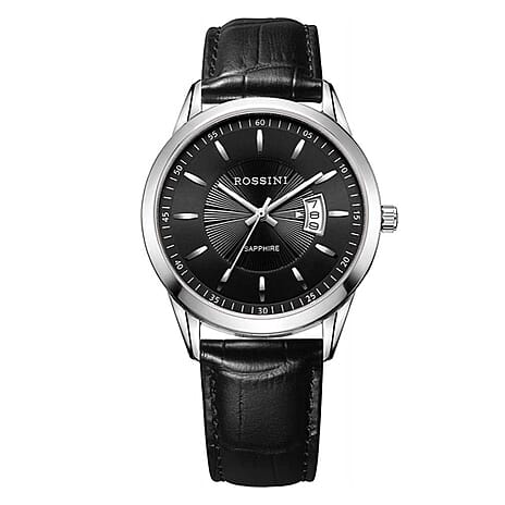 Rossini Quartz Movt. 3ATM WR Black Dial Silver Case Mens Watch with Black Leather Strap