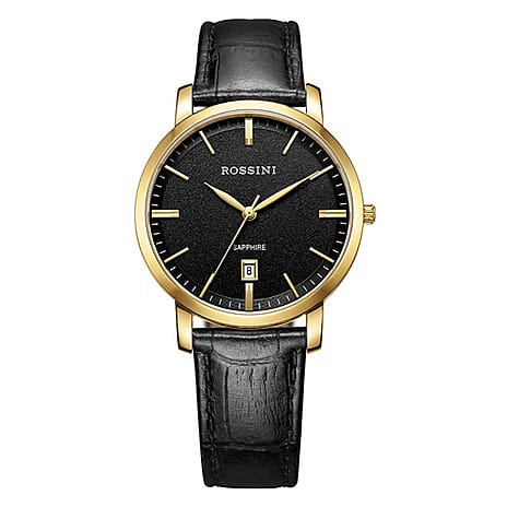 Rossini Quartz Movt. 3ATM WR Black Dial Gold Case Mens Watch with Black Leather Strap