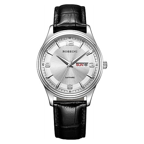 Rossini Quartz Movt. 3ATM WR Silver Dial Silver Case Mens Watch with Black Leather Strap