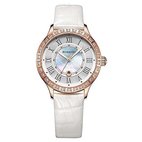 Rossini Quartz Movt. 3ATM WR Silver Dial Rose Case Watch with White Leather Strap