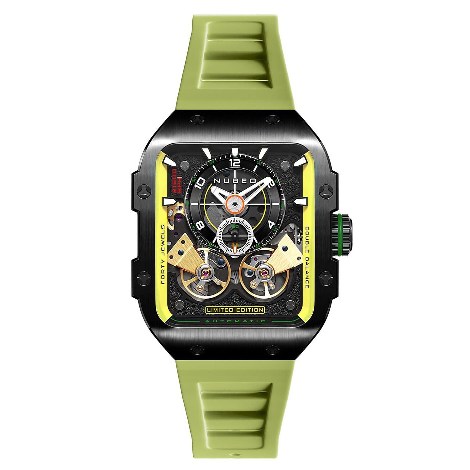 NUBEO Maven Automatic Limited Edition Dark Khaki Dial Mens Watch with Lime Green Stainless Steel Strap