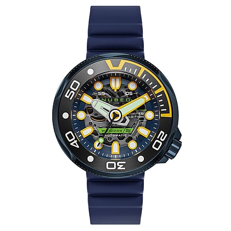 NUBEO Ventana Skeleton Automatic Limited Edition Cobalt Blue Dial Mens Watch with Navy Blue Leather Strap