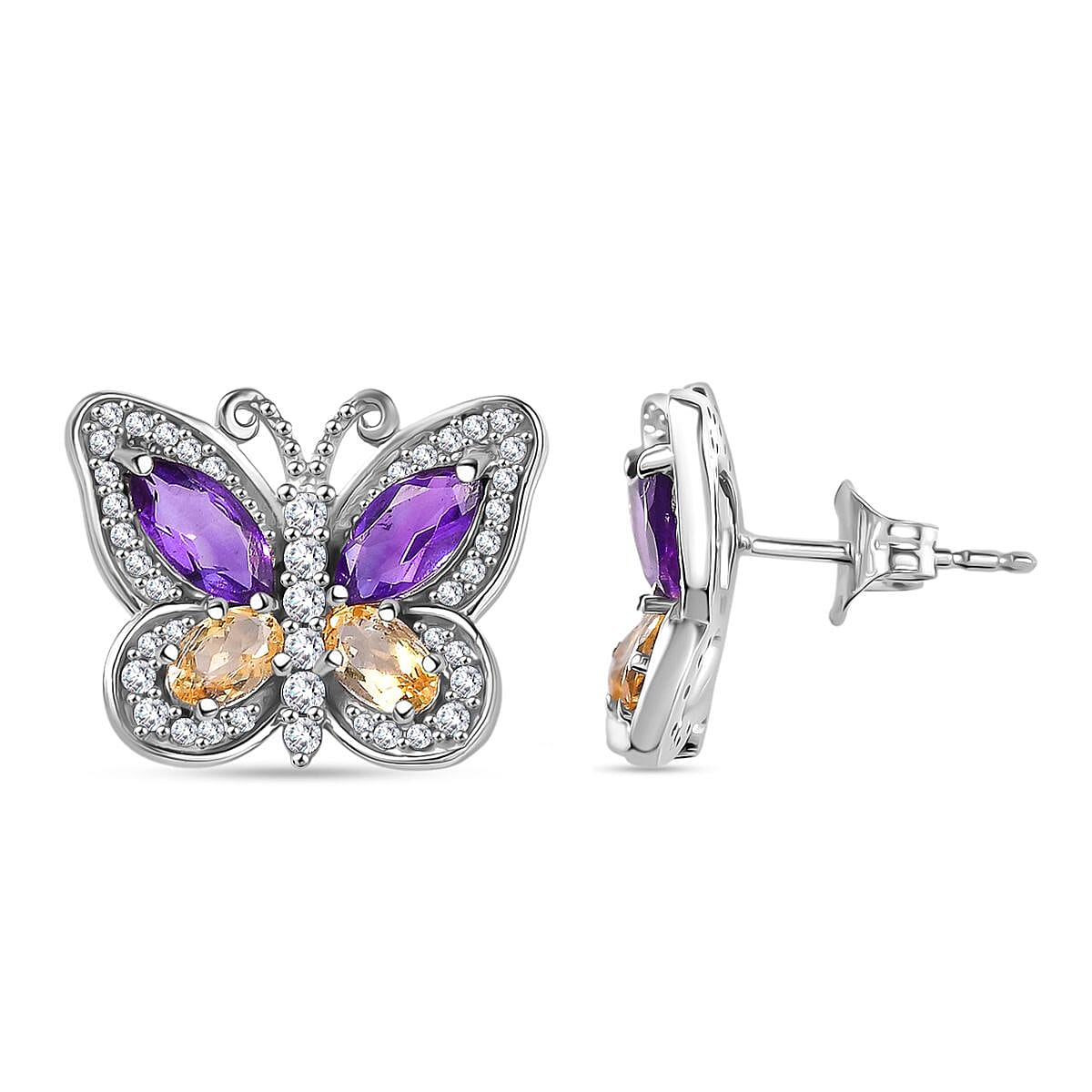 D'Joy African Amethyst, Citrine & White Zircon Cluster Butterfly Earring with Push Back in Rhodium Overlay Sterling Silver 3.10 Ct.