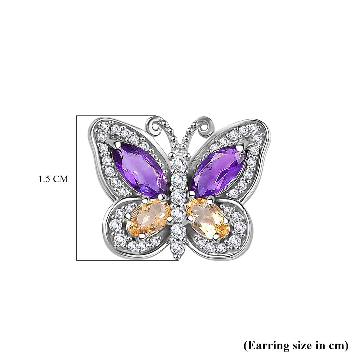 D'Joy African Amethyst, Citrine & White Zircon Cluster Butterfly Earring with Push Back in Rhodium Overlay Sterling Silver 3.10 Ct.