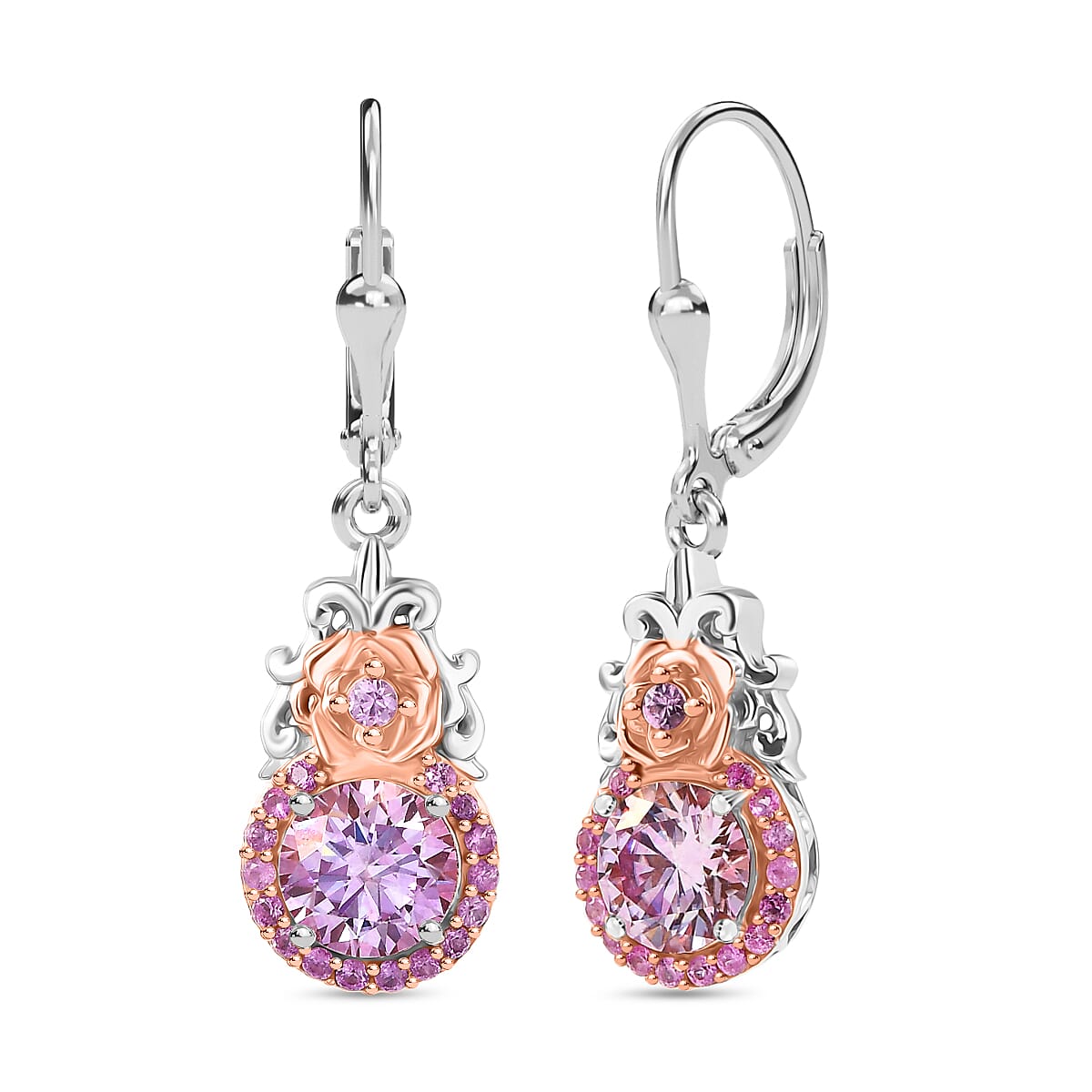 D'Joy Pink Moissanite & Pink Sapphire Solitaire Lever Back Earring in 18K Vermeil Rose Gold Plated & Rhodium Overlay Sterling Silver 2.91 Ct.