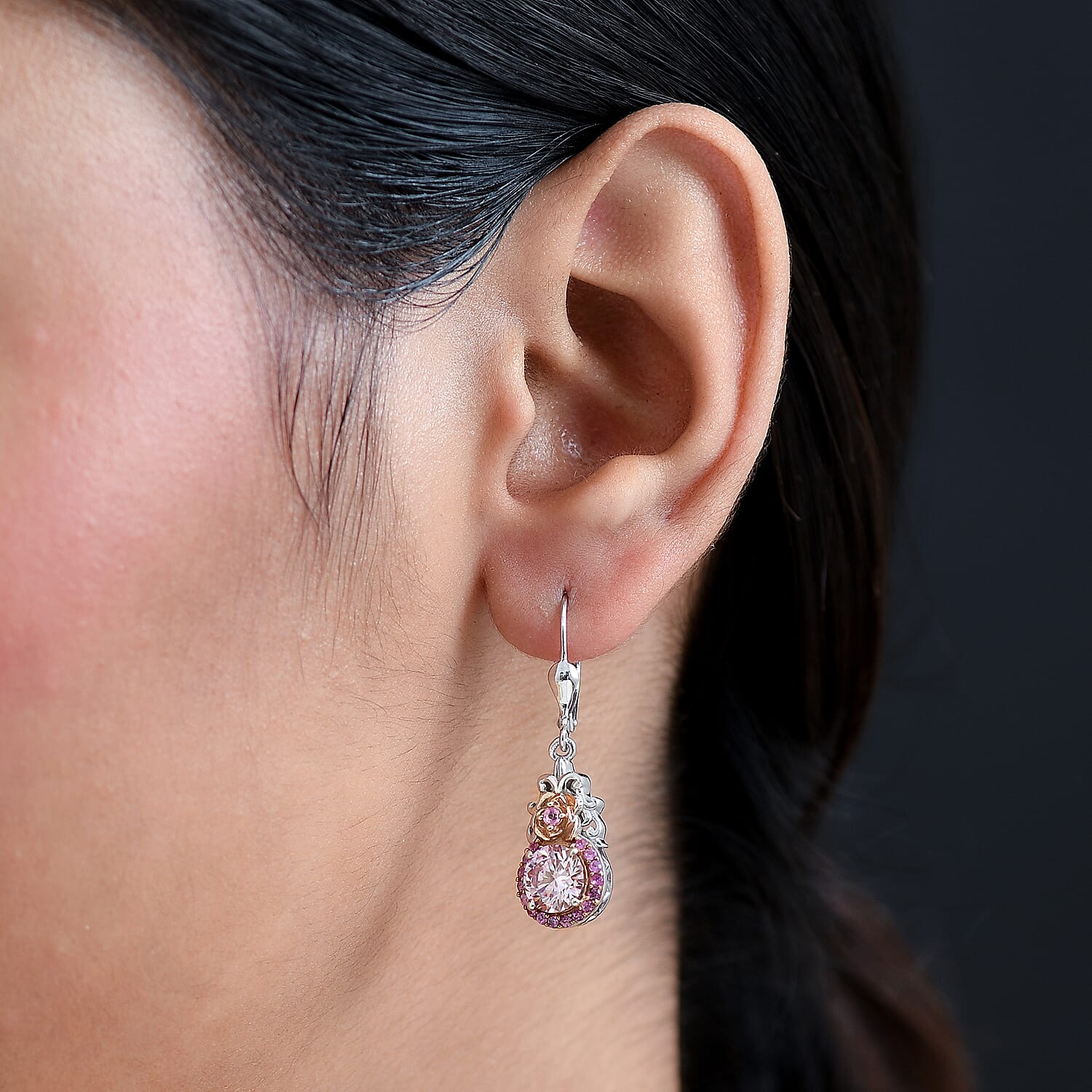 D'Joy Pink Moissanite & Pink Sapphire Solitaire Lever Back Earring in 18K Vermeil Rose Gold Plated & Rhodium Overlay Sterling Silver 2.91 Ct.