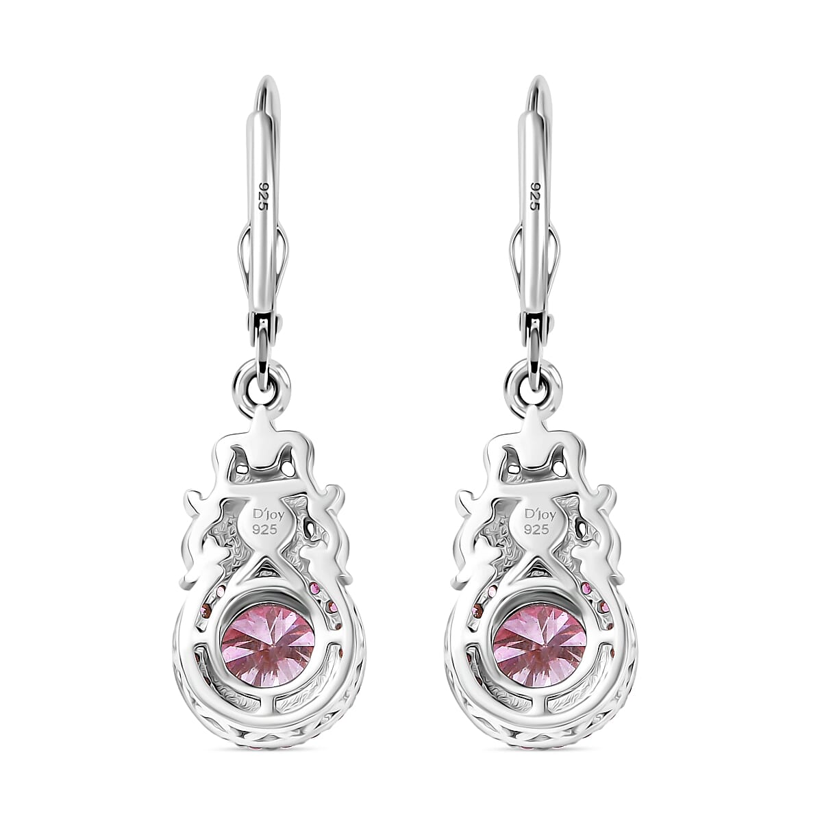 D'Joy Pink Moissanite & Pink Sapphire Solitaire Lever Back Earring in 18K Vermeil Rose Gold Plated & Rhodium Overlay Sterling Silver 2.91 Ct.
