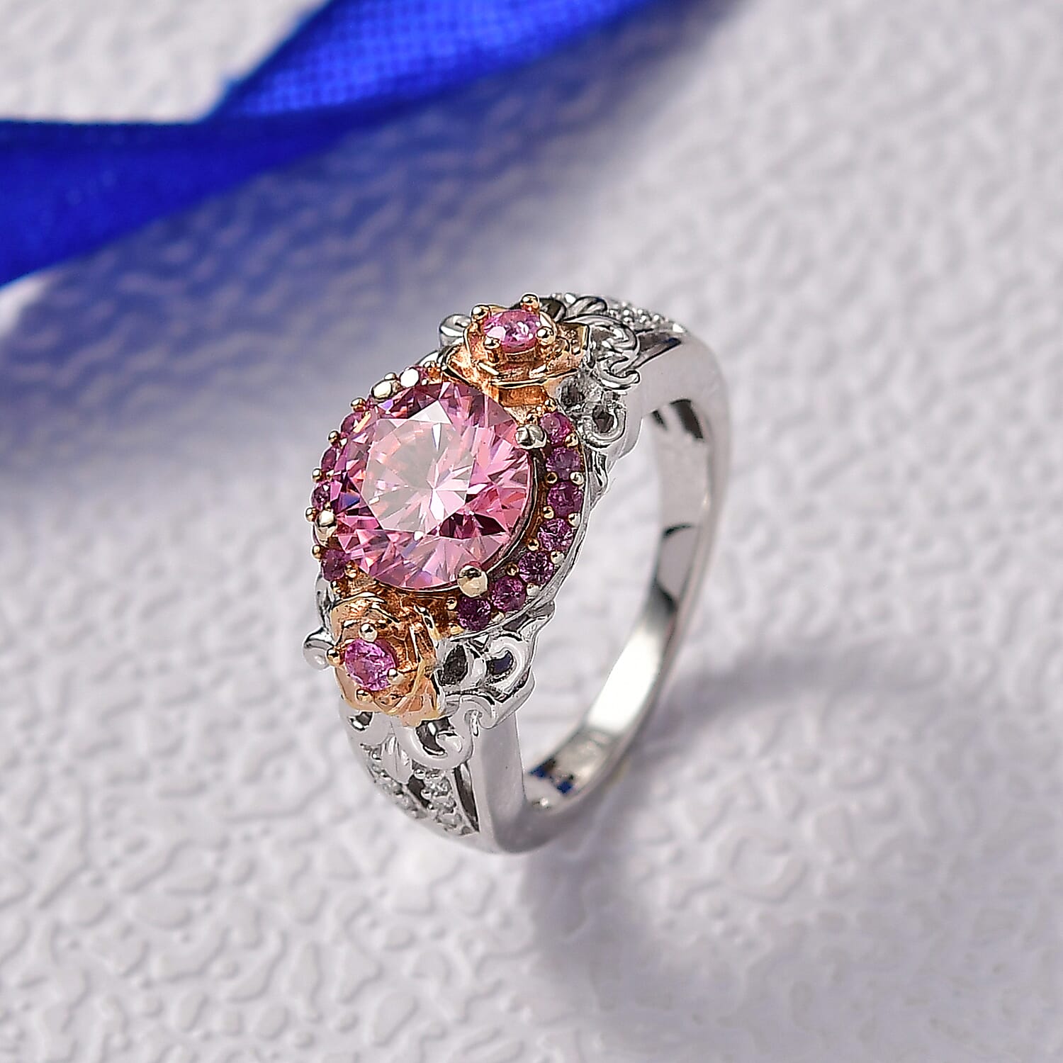 D'Joy Pink Moissanite, Pink Sapphire & Moissanite Ring in Rhodium Overlay Sterling Silver 2.13 Ct.