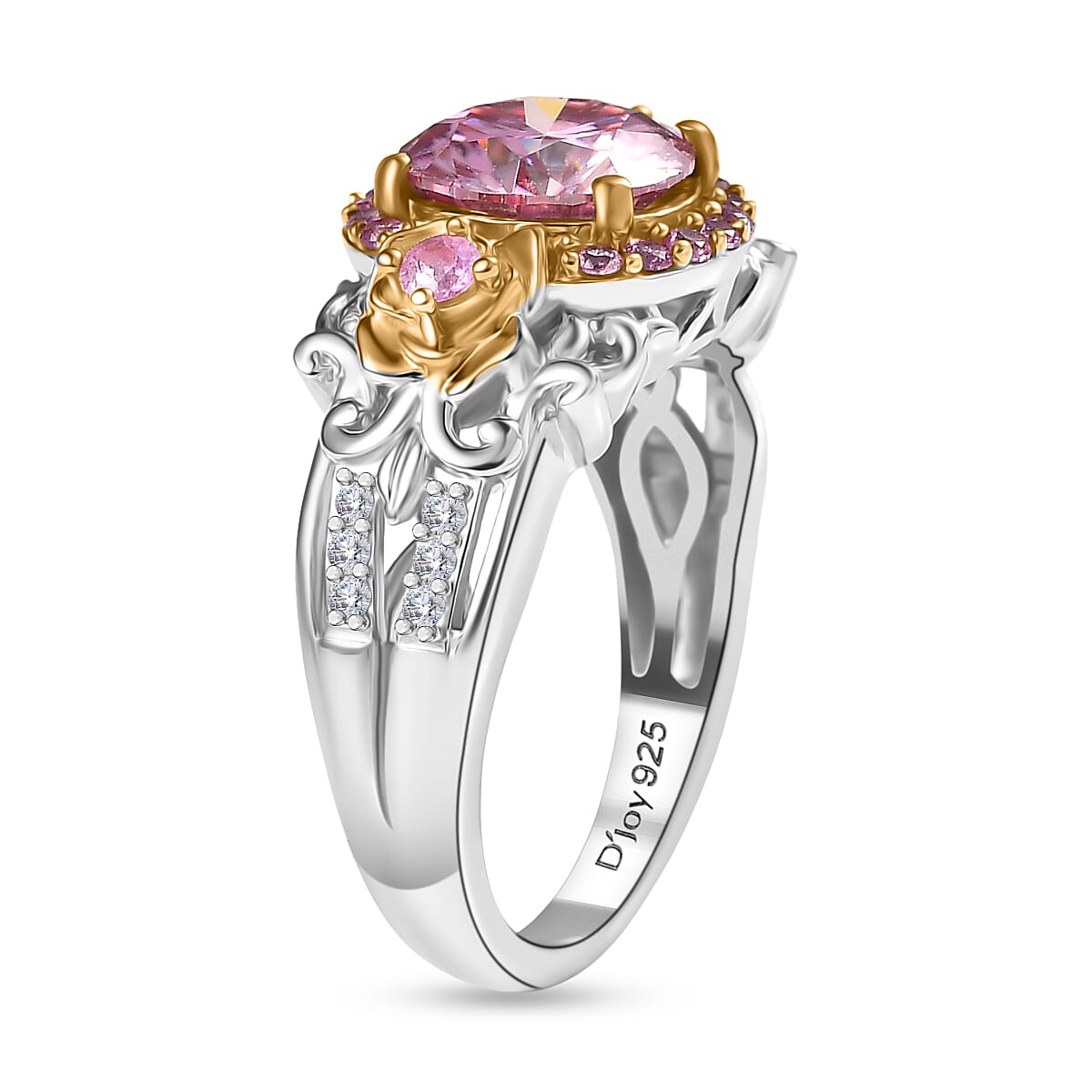 D'Joy Pink Moissanite, Pink Sapphire & Moissanite Ring in Rhodium Overlay Sterling Silver 2.13 Ct.